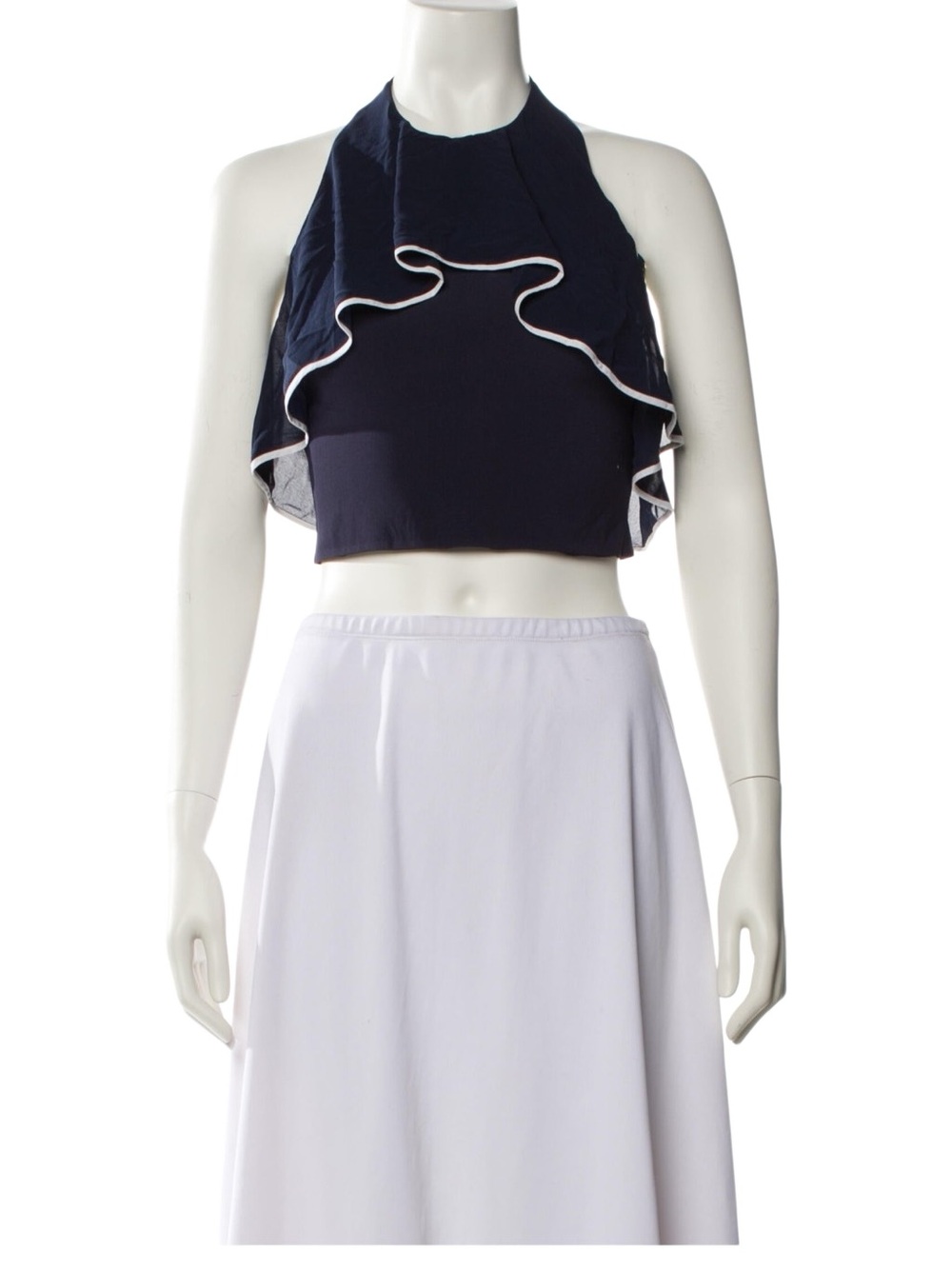 Alice + Olivia Navy Ruffle Halter Crop Top with White Trim